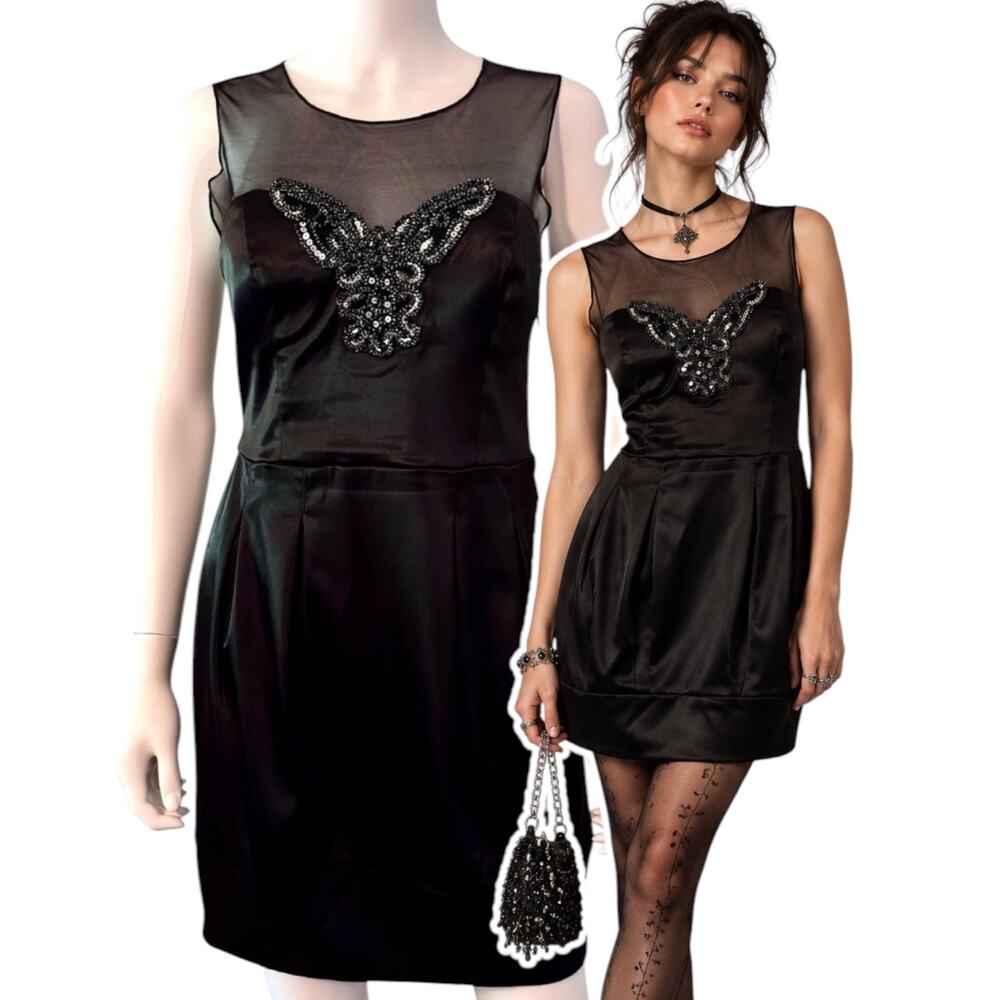 Y2K Black Satin Mini Dress Sequin Butterfly Sheer Mesh Size 8 Whimsigoth Glam